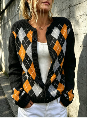 Long Sleeve Printed Small Coat Round Neck Cardigan