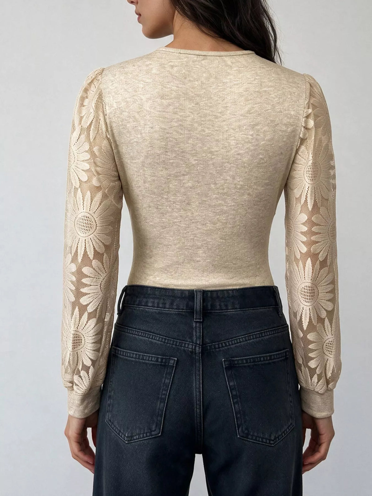 V-Neck Lace Trim Floral Mesh Sleeve Bodysuit