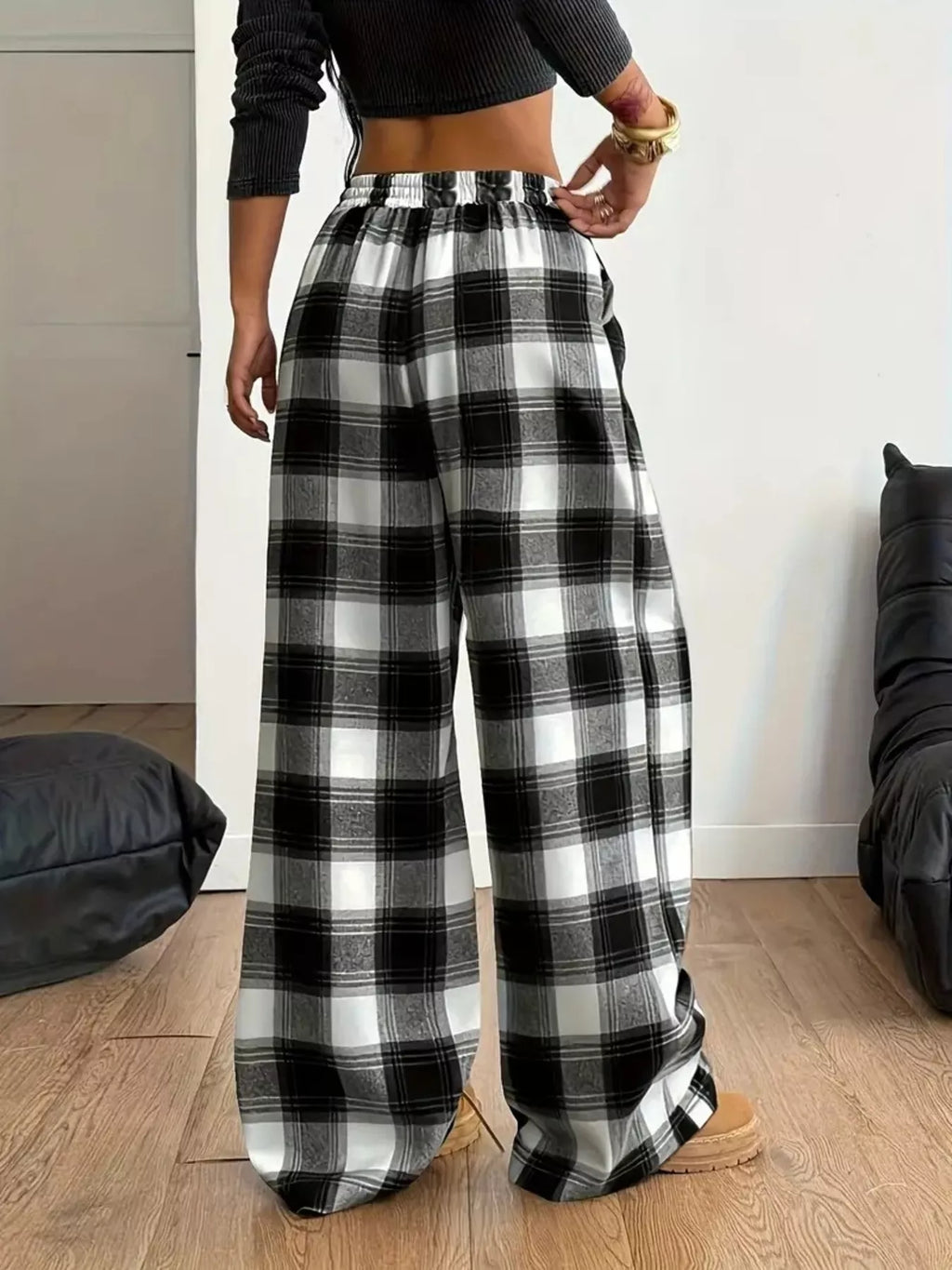 Plus Size Plaid Wide-Leg Drawstring Pants