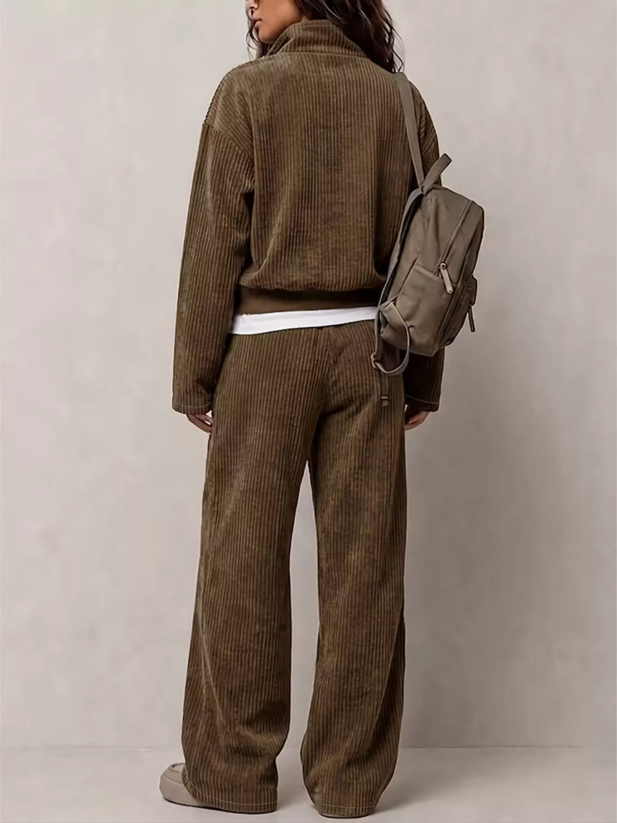 Corduroy Button Detail Top and Wide-Leg Pants Set