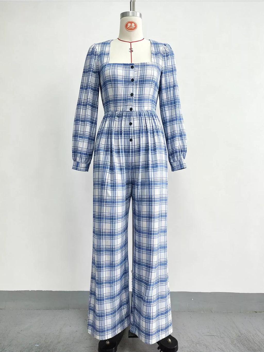 Plaid Square Neck Long Sleeve Wide-Leg Jumpsuit