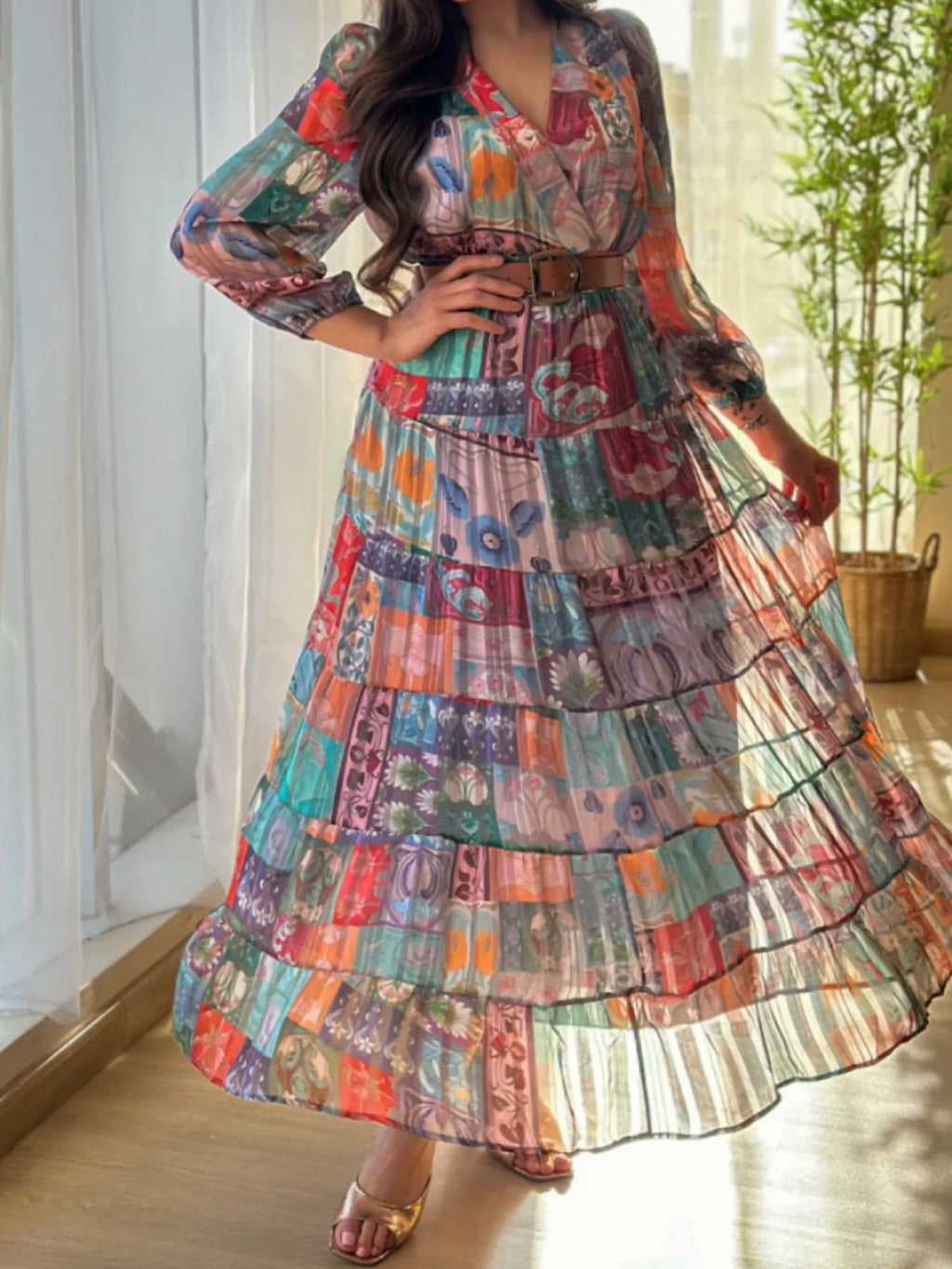 Printed Surplice Long Sleeve Maxi Dress