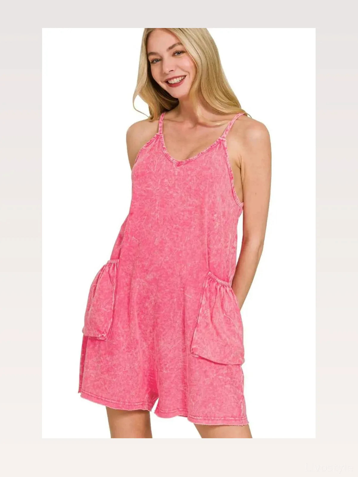 Acid Crinkle Washed Spaghetti Strap Romper