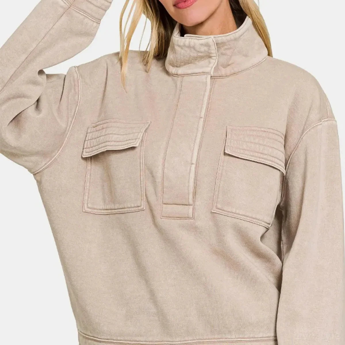 Acid Washed Half Snap Fleece Pullover Sweatshirt with Pocket