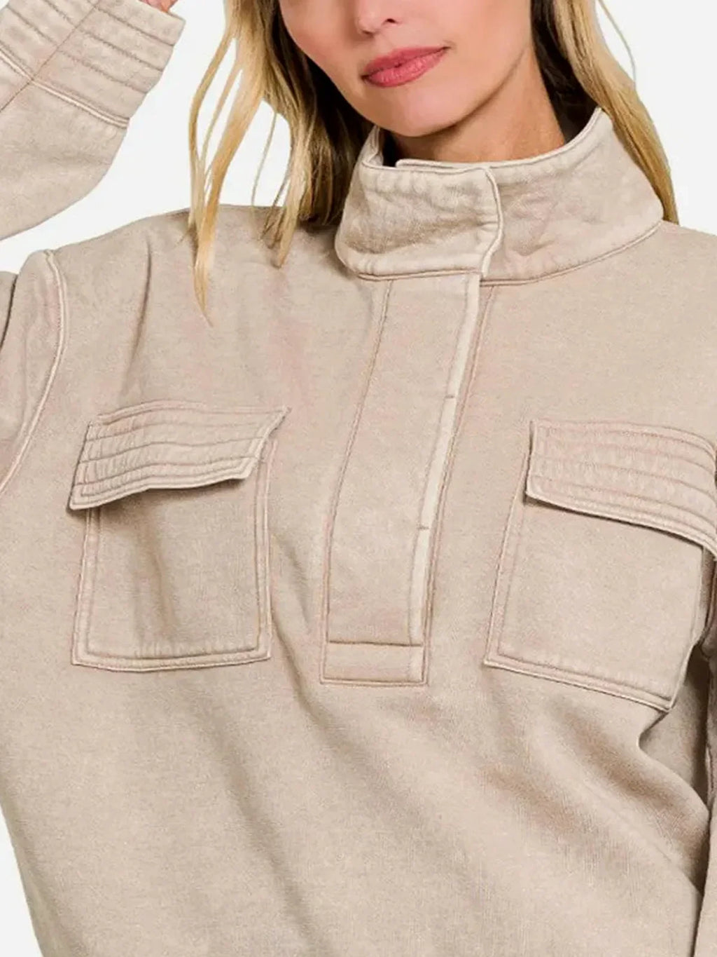 Acid Washed Half Snap Fleece Pullover Sweatshirt with Pocket