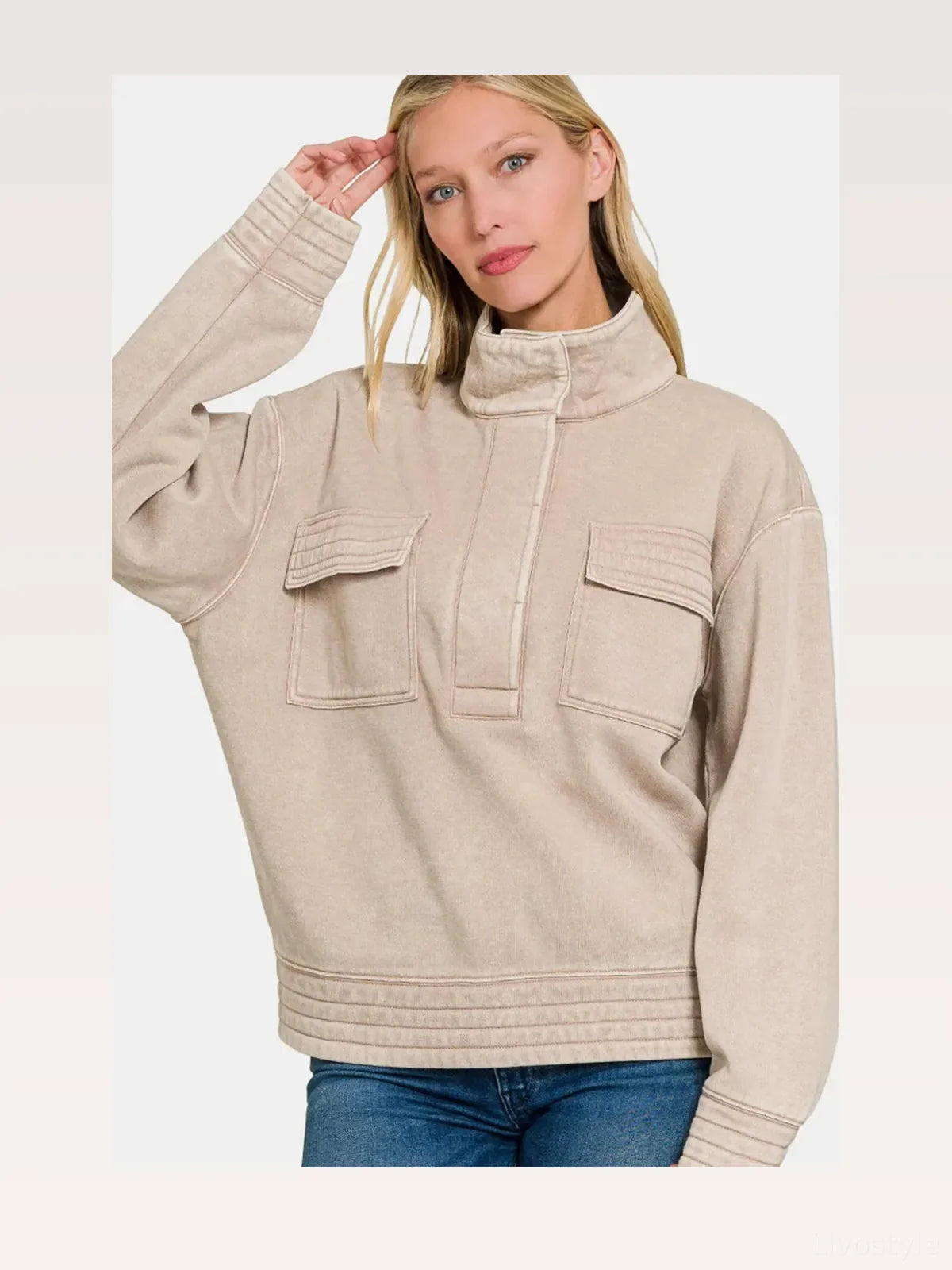 Acid Washed Half Snap Fleece Pullover Sweatshirt with Pocket