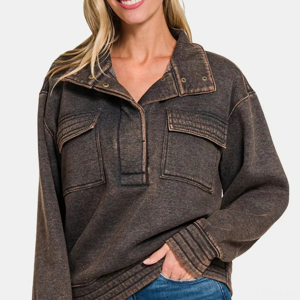 Acid Washed Half-Snap Fleece Sweatshirt with Pockets