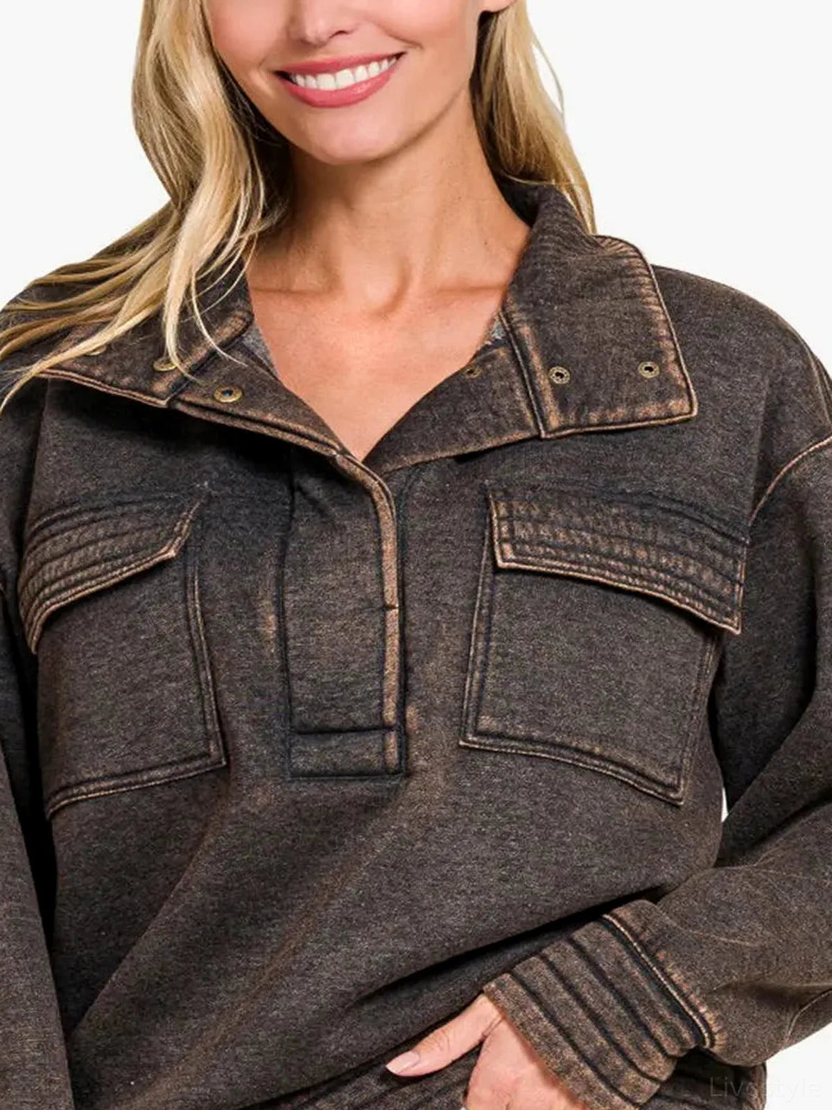 Acid Washed Half-Snap Fleece Sweatshirt with Pockets