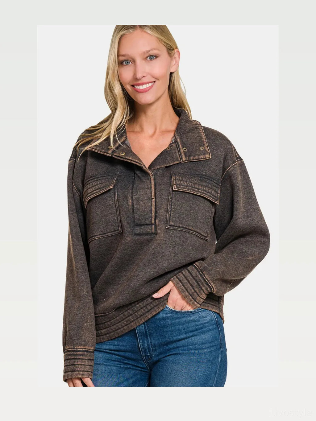 Acid Washed Half-Snap Fleece Sweatshirt with Pockets