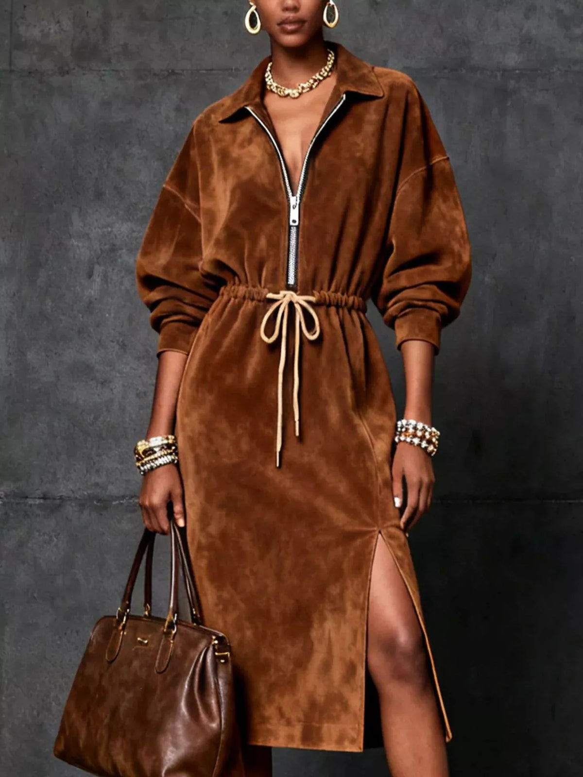 Slit Zip-Front Drawstring Midi Dress
