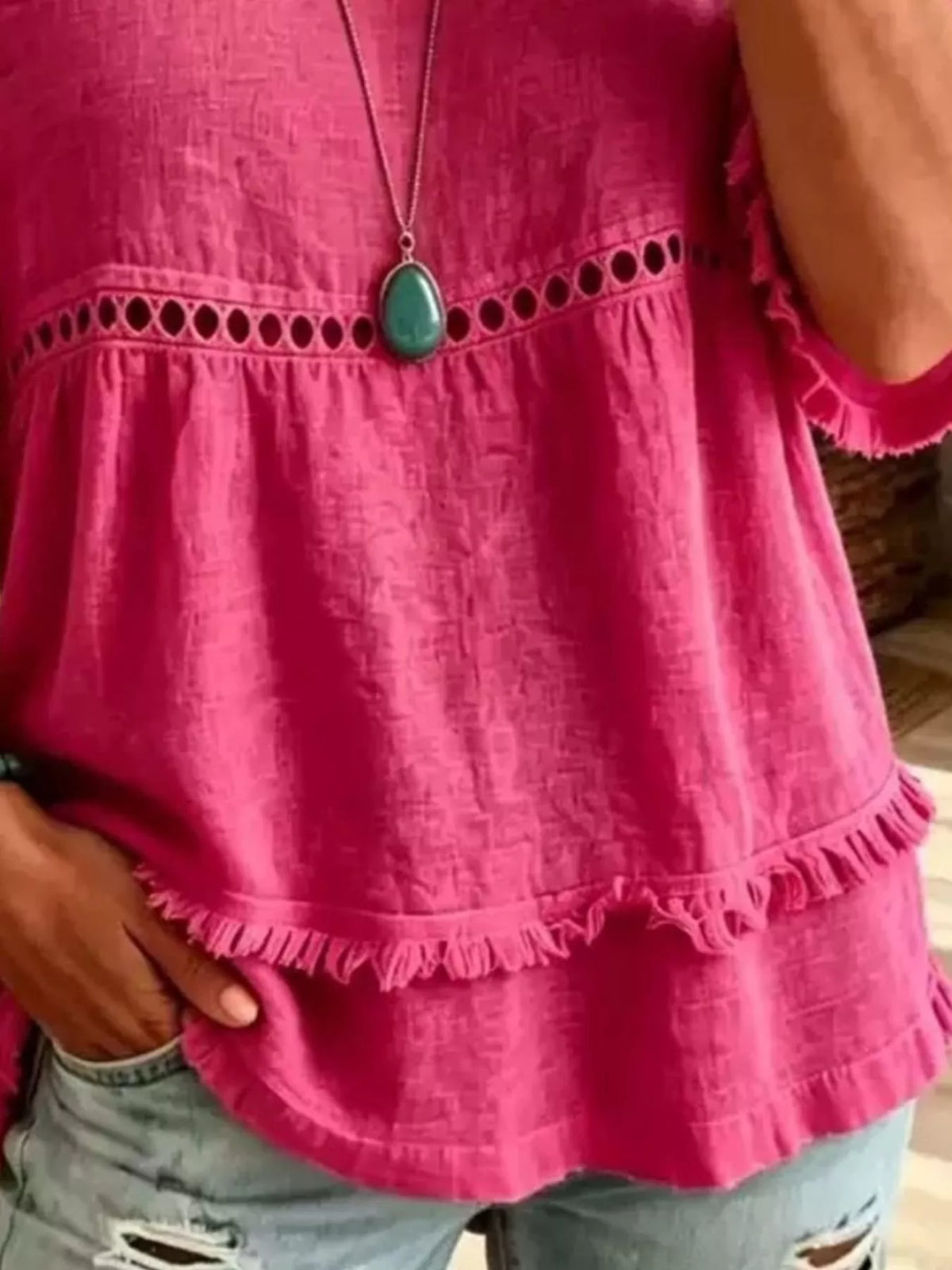 Eyelet V-Neck Frayed Edge T-Shirt