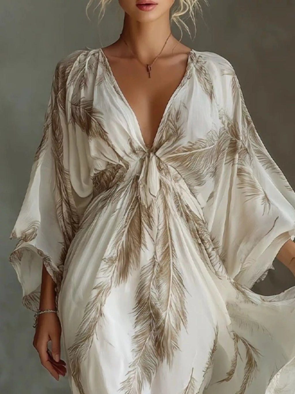 Full Size Feather Print V-Neck Flowy Maxi Dress Plus Size