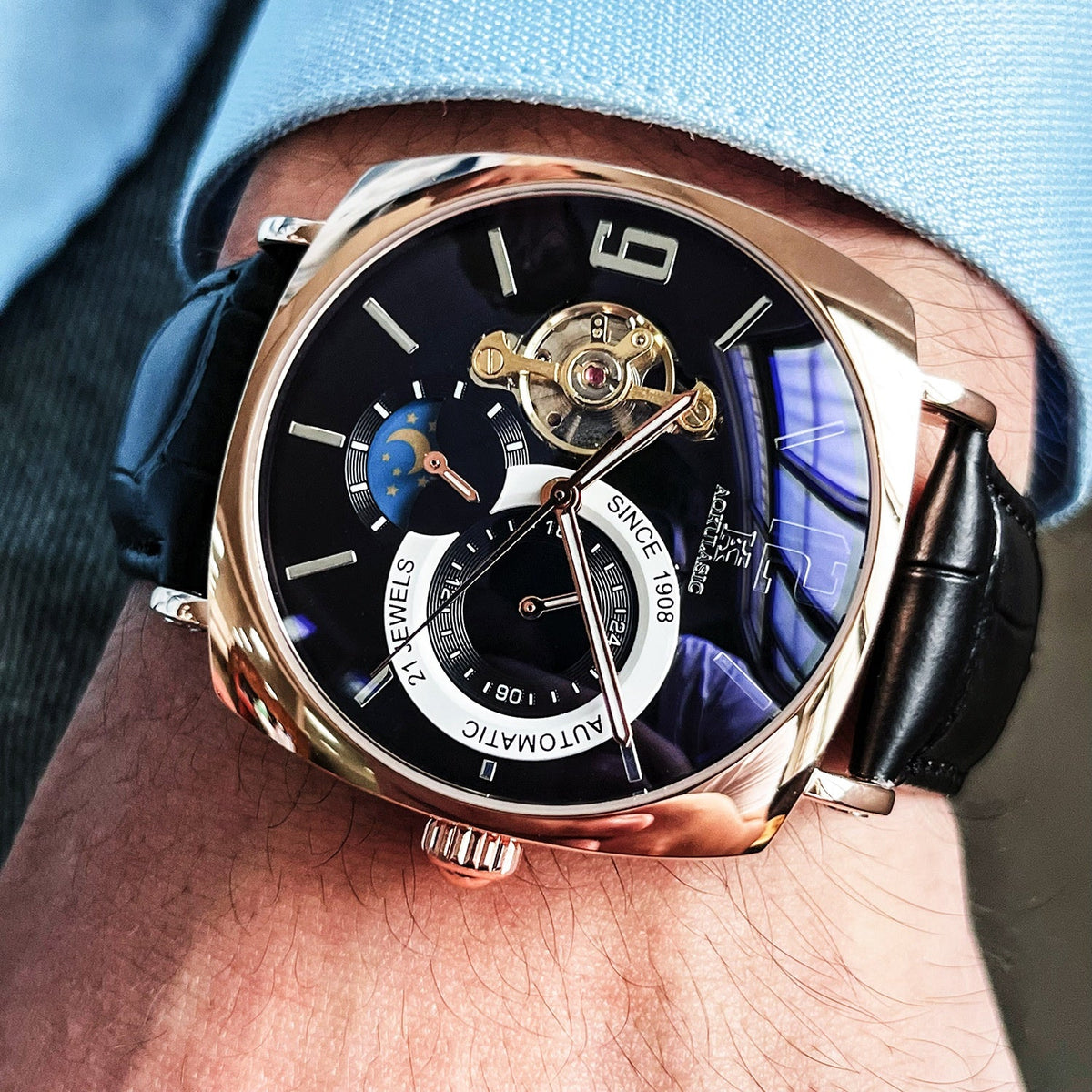Mens Square Fully Automatic Mechanical Watch Casual Mens Wristwatch