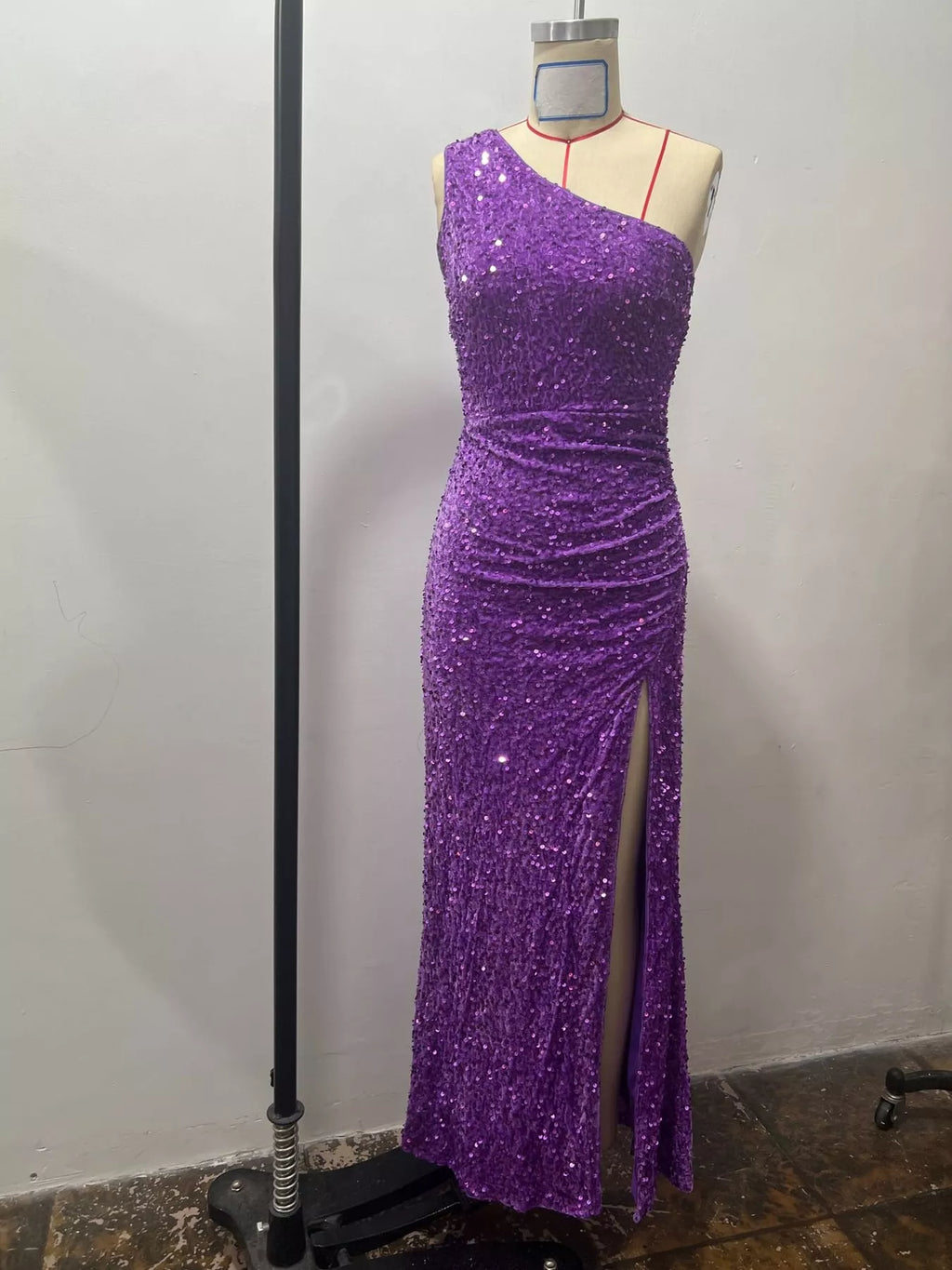 One-Shoulder Ruched Sequin High-Slit Evening Dress