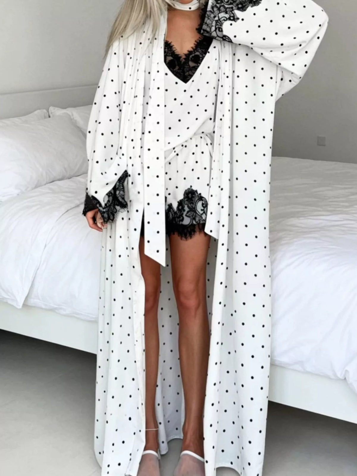 Polka Dot Lace Trim Cami & Cardigan and Shorts Set