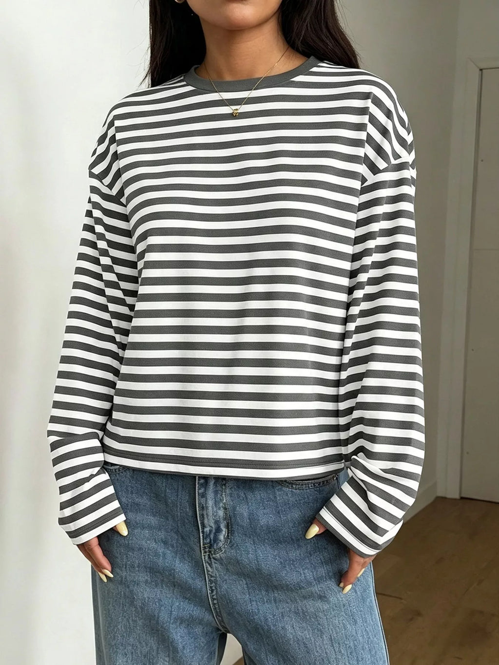 Full Size Casual Long-Sleeve Striped Crew Neck T-Shirt Plus Size