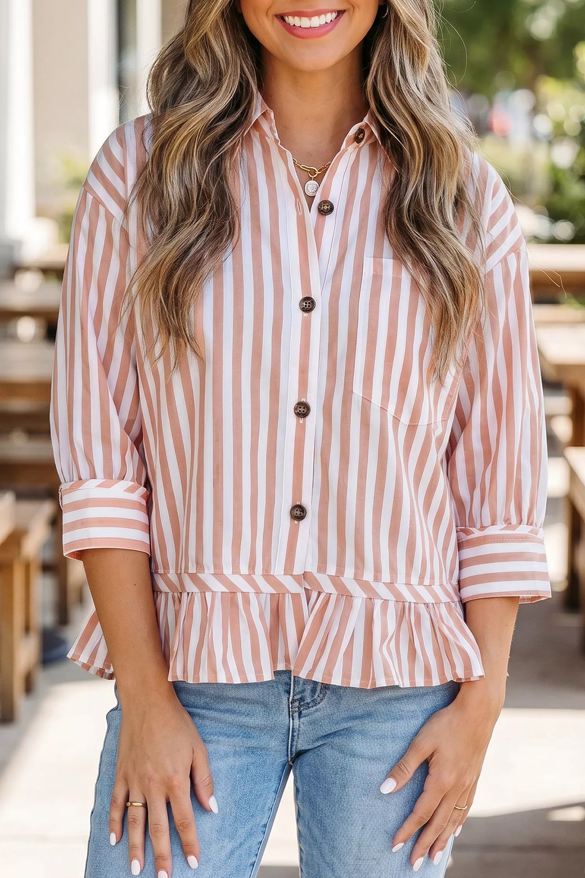 Stripe Collar Button Front Bracelet Sleeve Ruffle Hem Shirt