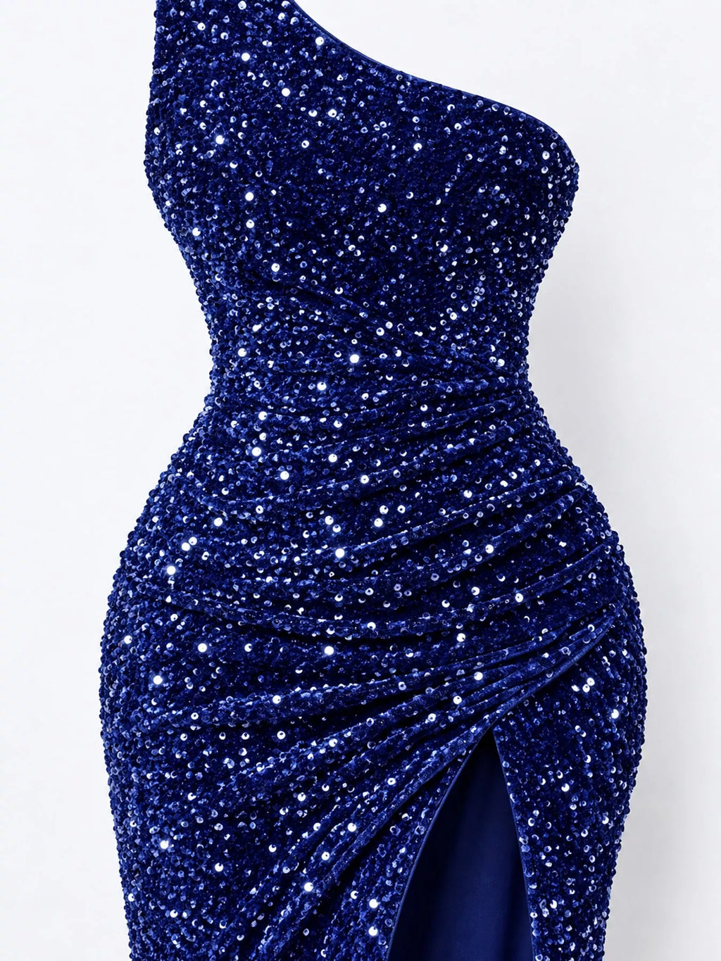 One-Shoulder Ruched Sequin High-Slit Evening Dress