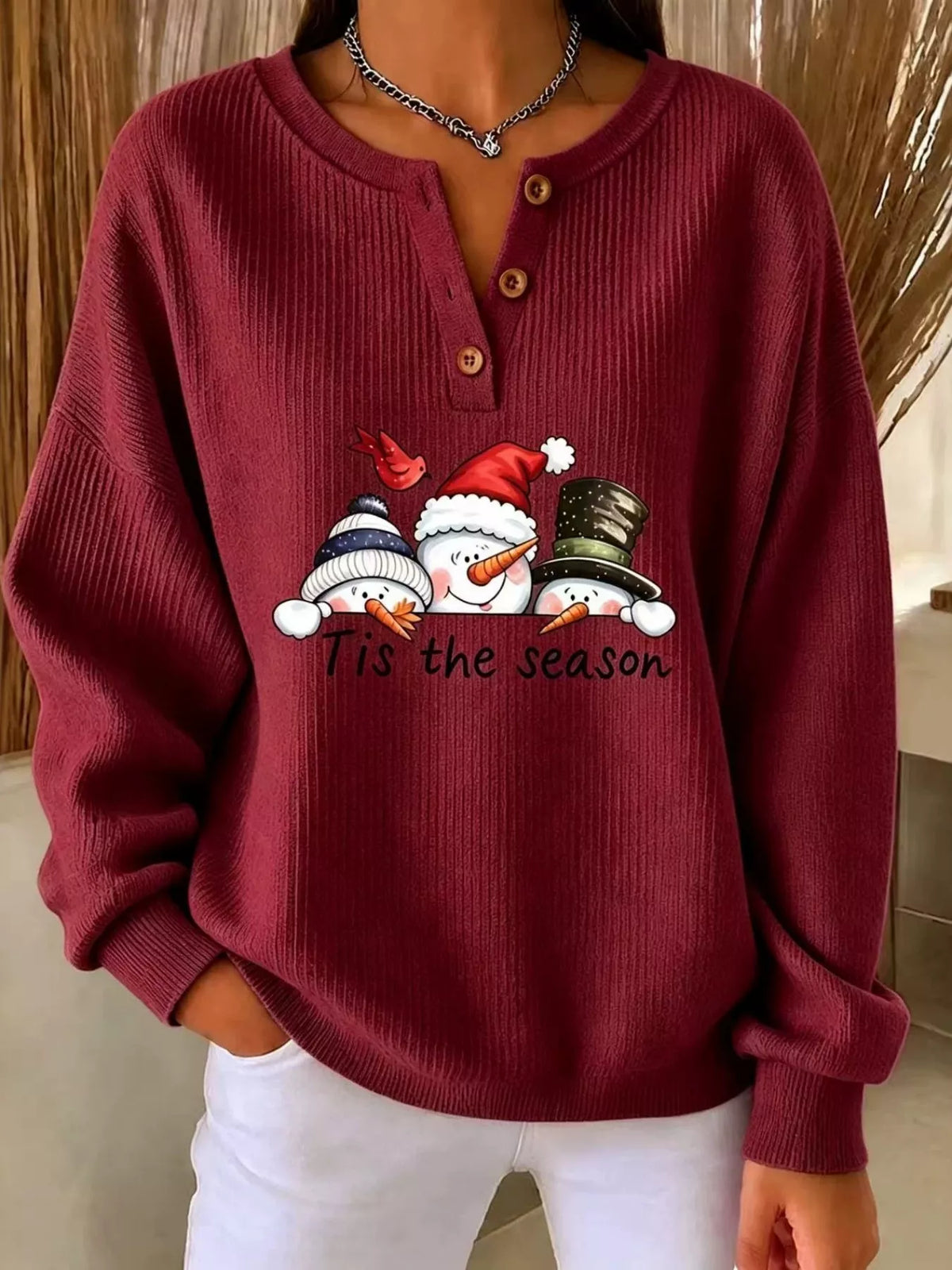 Full Size Christmas Themed Snowman Graphic Ribbed Henley Sweatshirt Plus Size