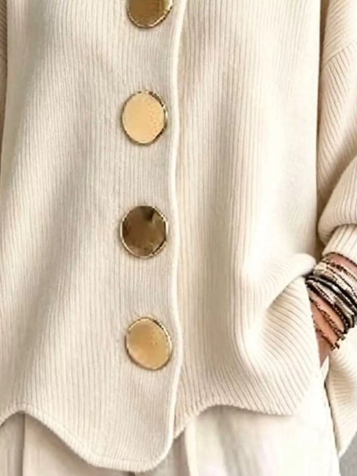 Full Size Ribbed Knit Gold Buttons Cardigan Plus Size