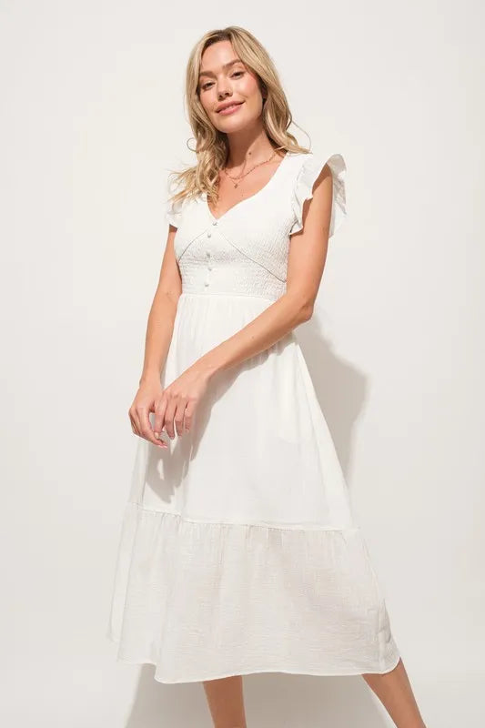 Ruffle Sleeve Smocked Midi Dress with Tiered Skirt