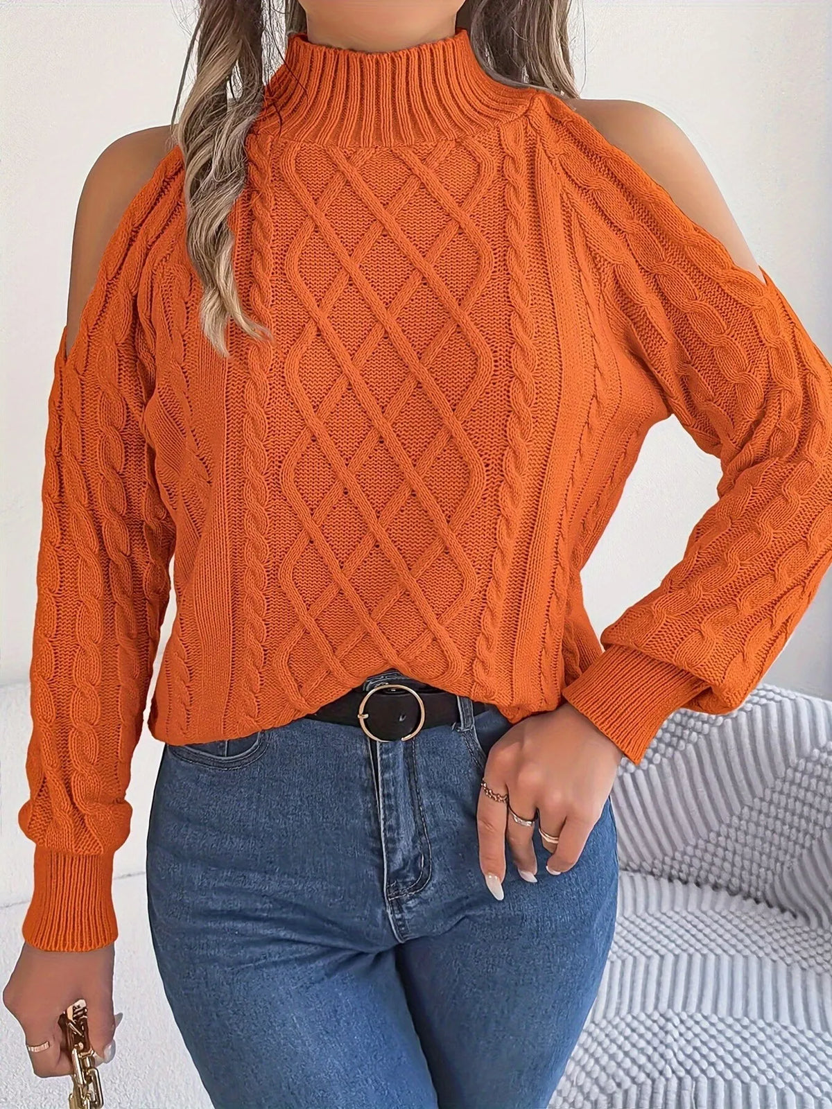 Cold-Shoulder Cable Knit Sweater