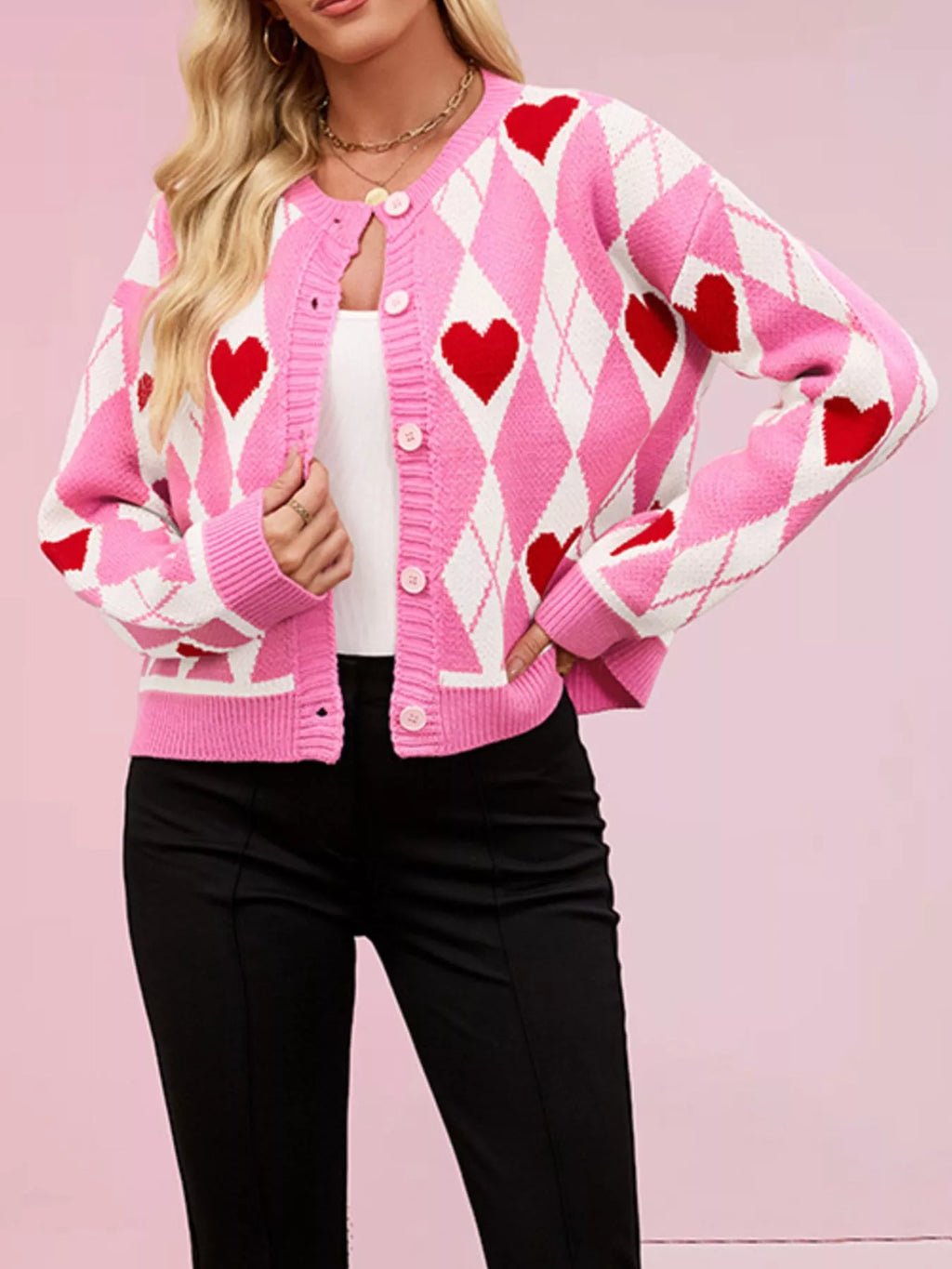 Argyle Heart Pattern Button-Up Knit Cardigan