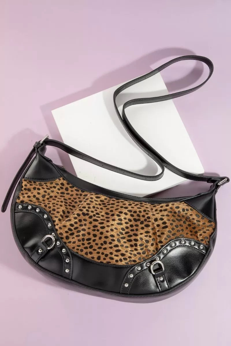 Fame Dark Spotted Leopard Print Half Moon Shoulder Bag