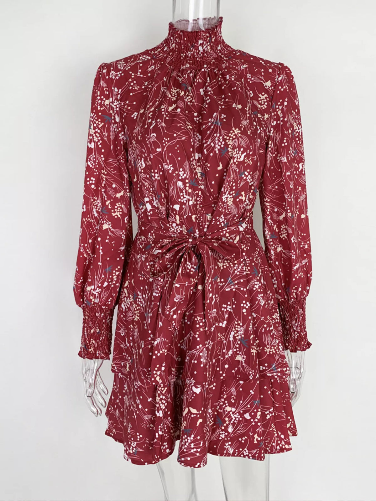 Plus Size Floral Print Mock Neck Long Sleeve Ruffle Hem Mini Dress