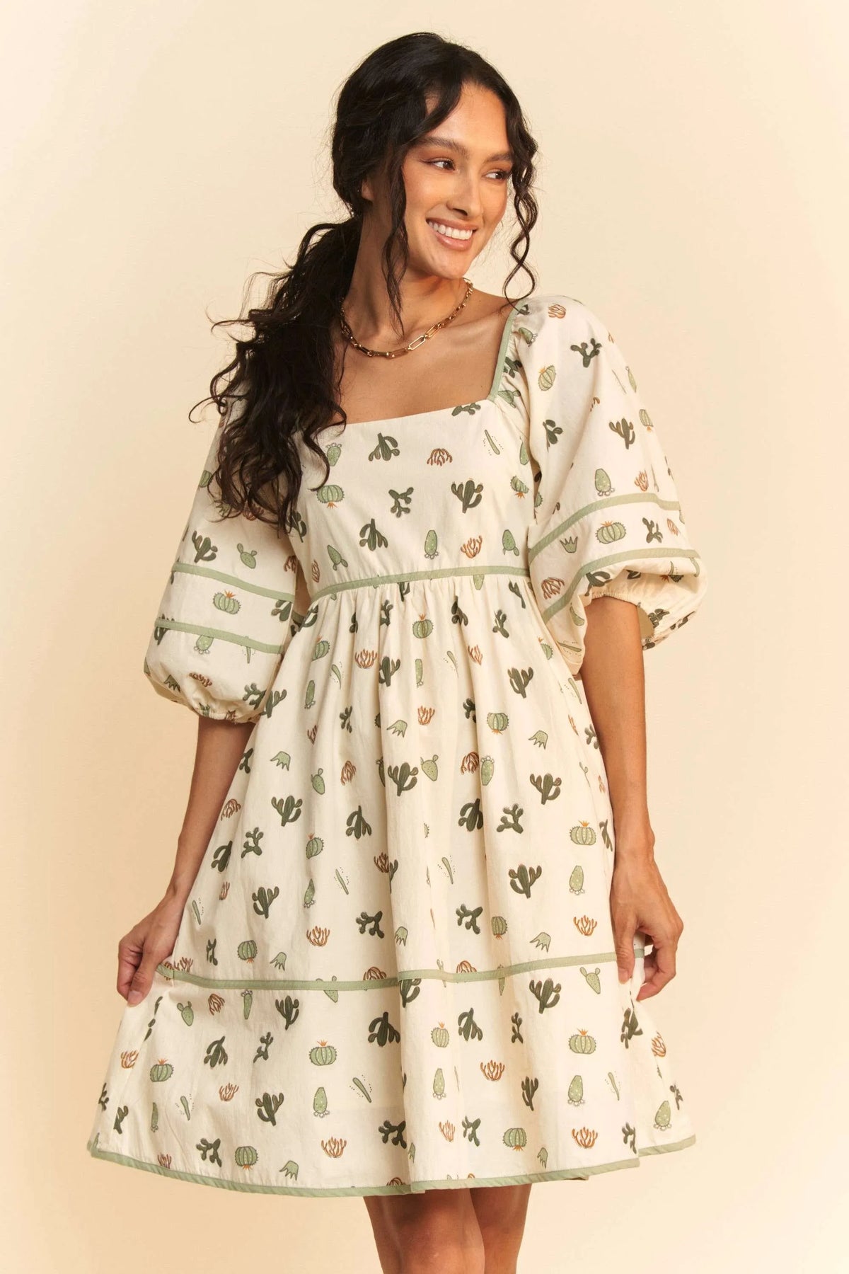 Cactus Print Mini Dress with Puff Sleeves and Contrast Piping