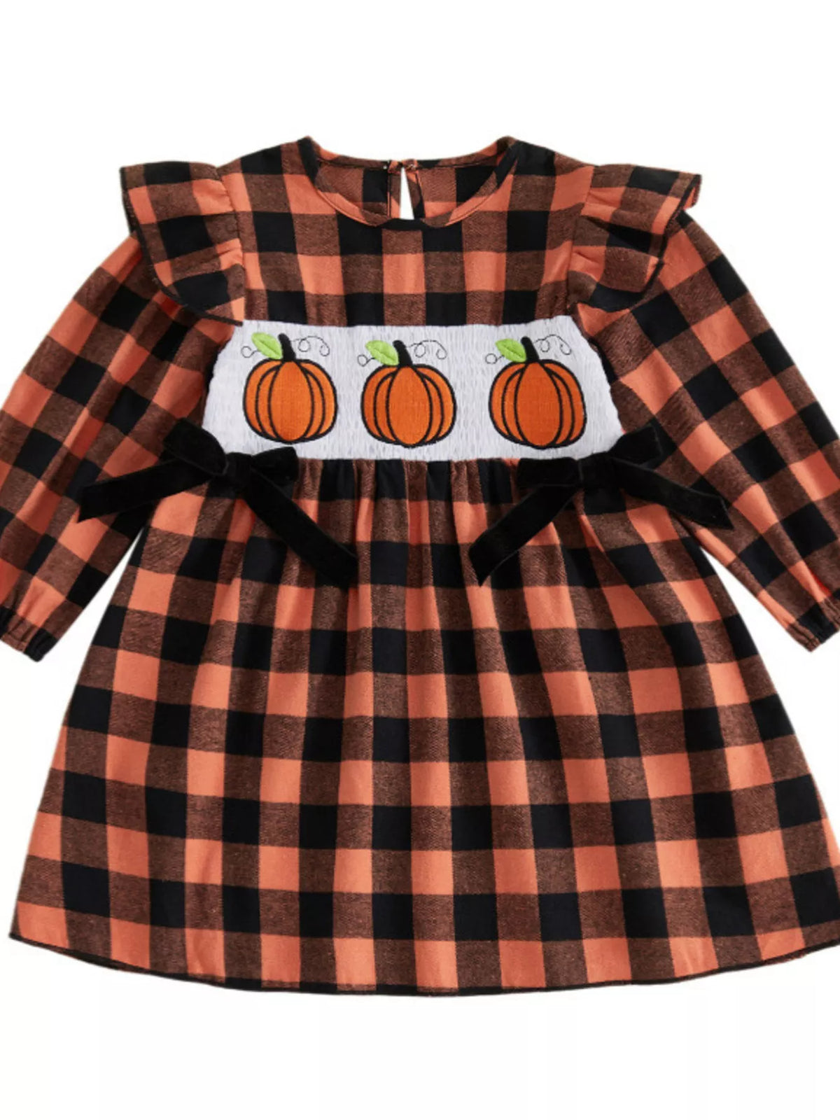 Children's Halloween Plaid Pumpkin Smocked Dress