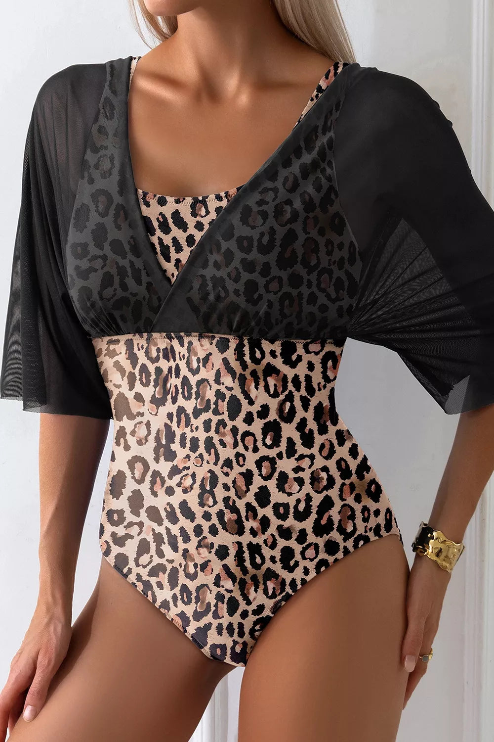 Mesh Patchwork V Neck Half Sleeve Bodycon One Piece Swimwear