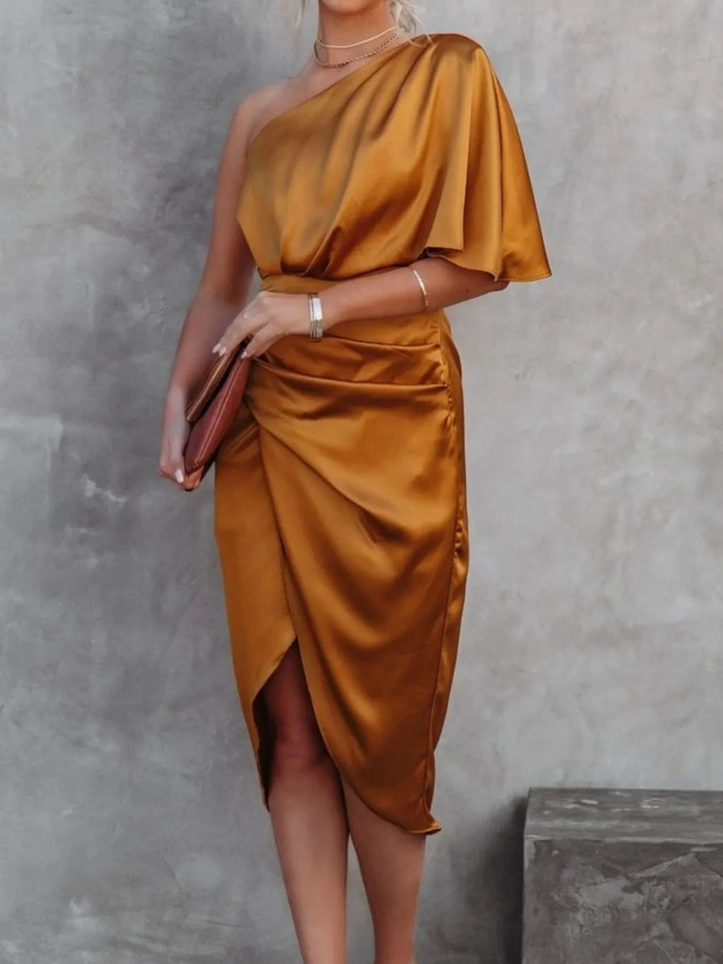 One-Shoulder Satin Wrap Dress with Side Slit
