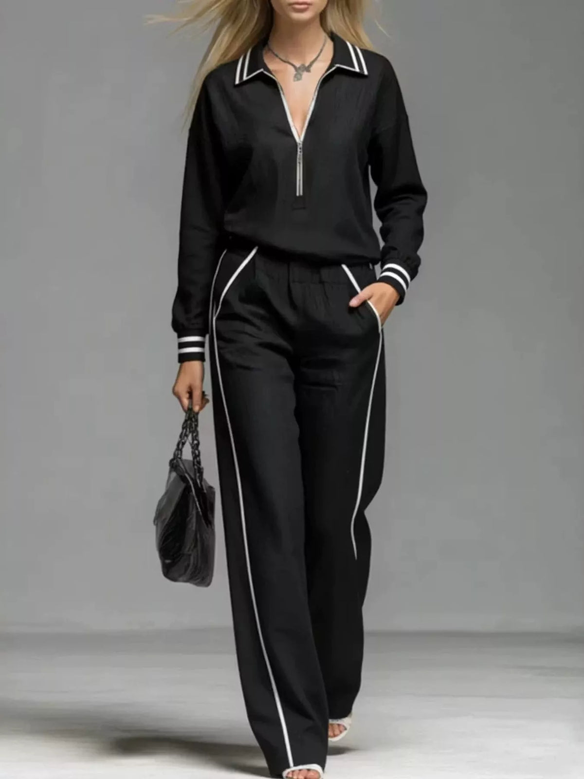 Striped Half Zip Top and Pants Set
