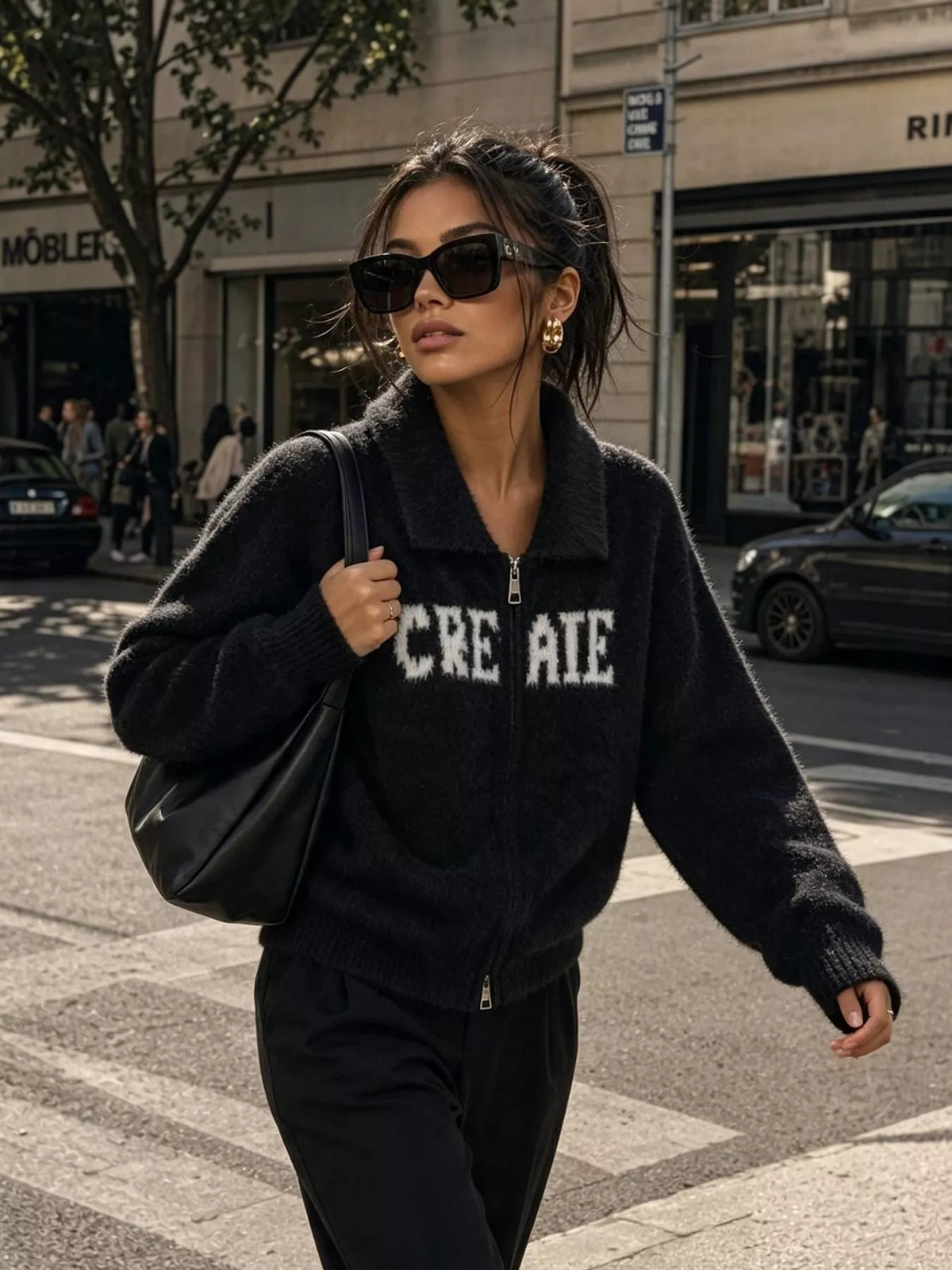 Fuzzy Letter Zip-Up Cardigan