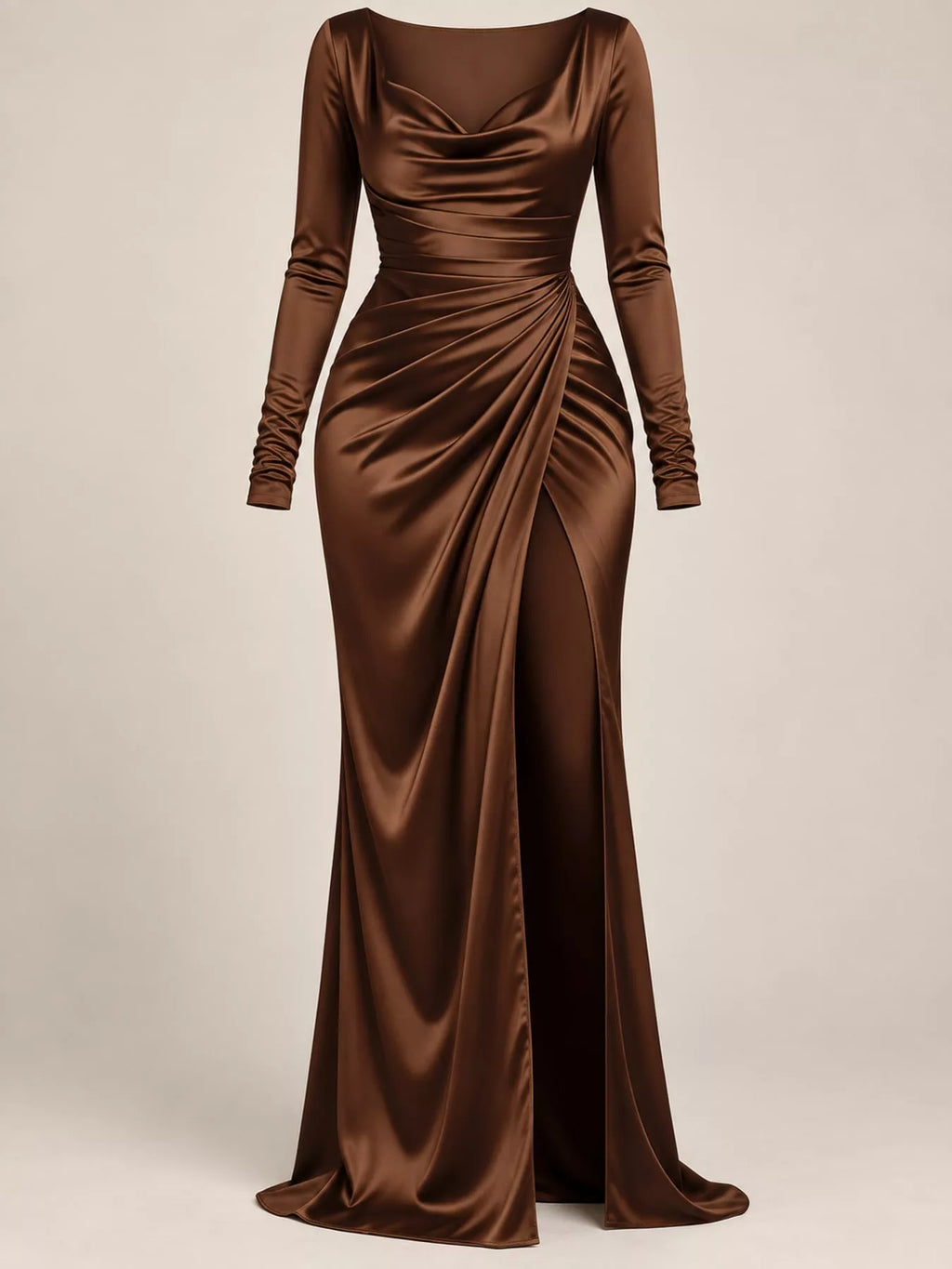 Full Size Satin Cowl Neck High Slit Evening Maxi Dress Plus Size