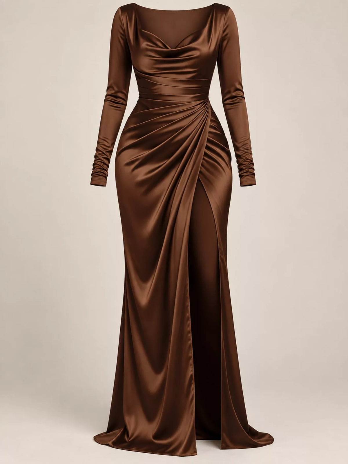 Full Size Satin Cowl Neck High Slit Evening Maxi Dress Plus Size