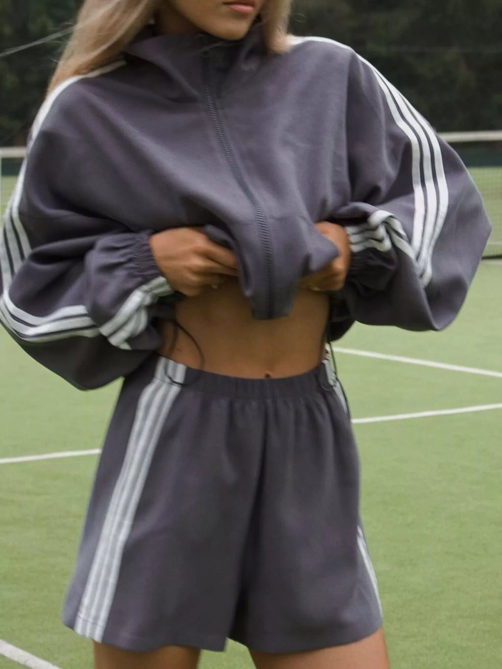 Side Stripe Detail Cropped Sporty Jacket and Shorts Set