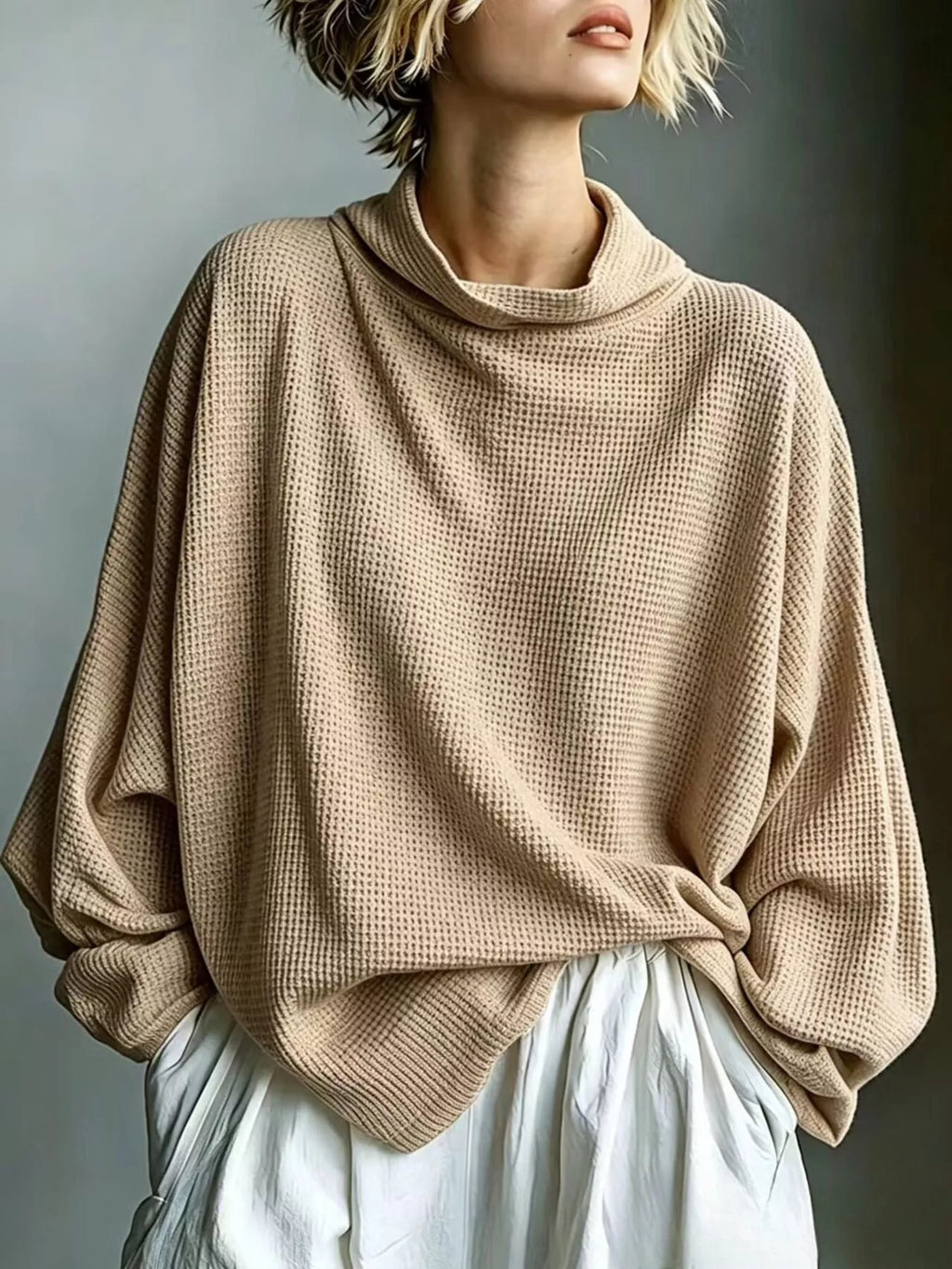 Full Size Oversized Waffle Knit Mock Neck T-Shirt Plus Size