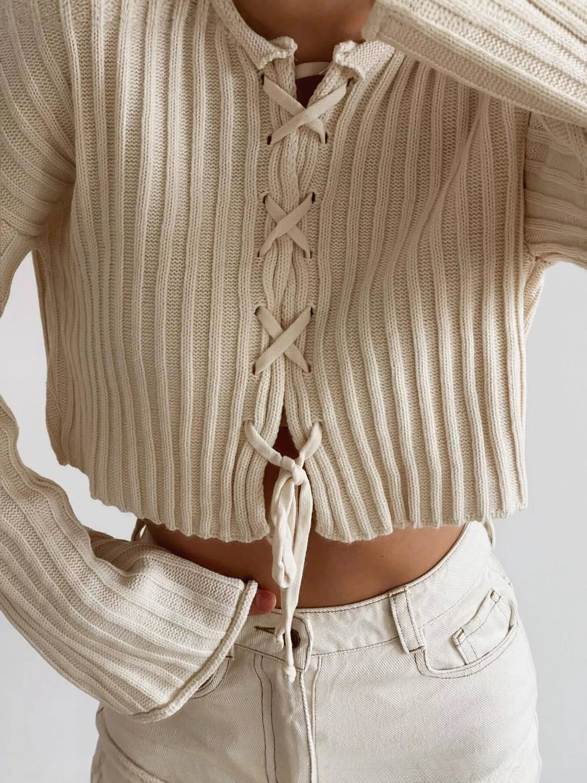 Ribbed Lace-Up Crop Sweater