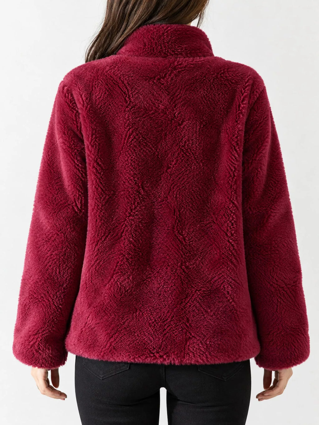 Full Size Drawstring Faux Fur Stand-Collar Zip-Up Outerwear Plus Size