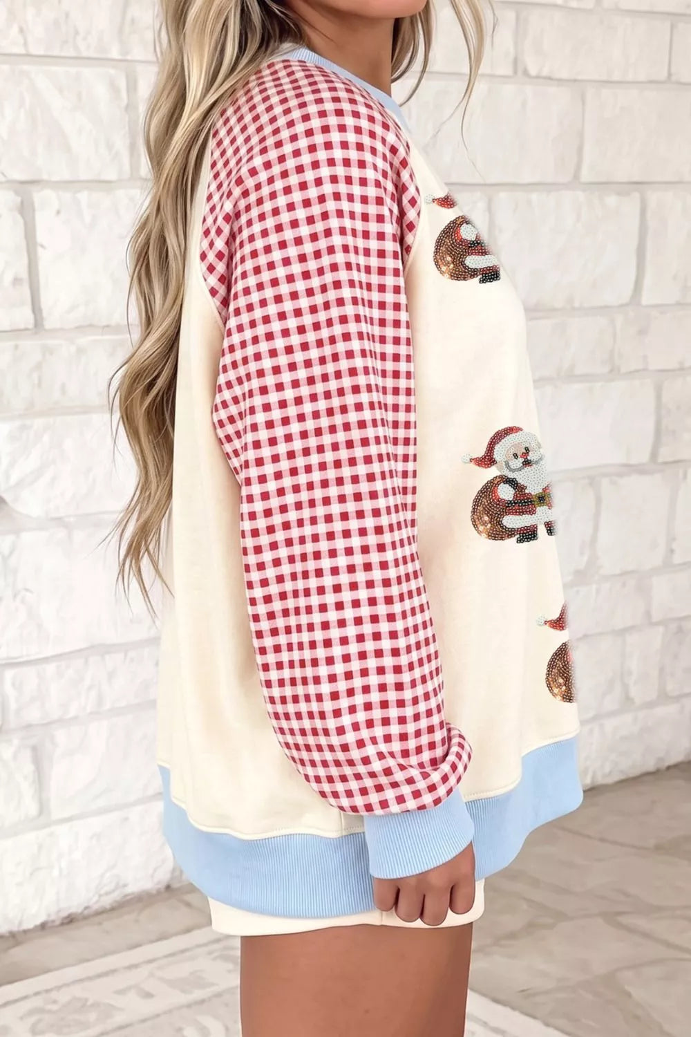 Sequin Santa Plaid Sleeve Pullover Graphic Sweatshirt