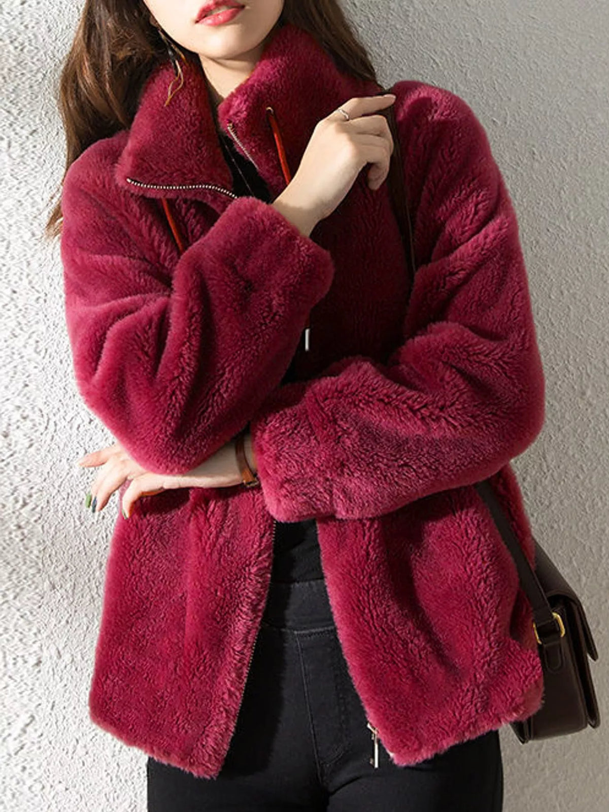 Full Size Drawstring Faux Fur Stand-Collar Zip-Up Outerwear Plus Size