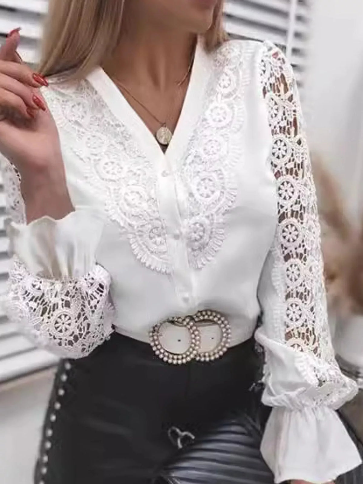 Full Size Lace V-Neck Flounce Sleeve Shirt Plus Size