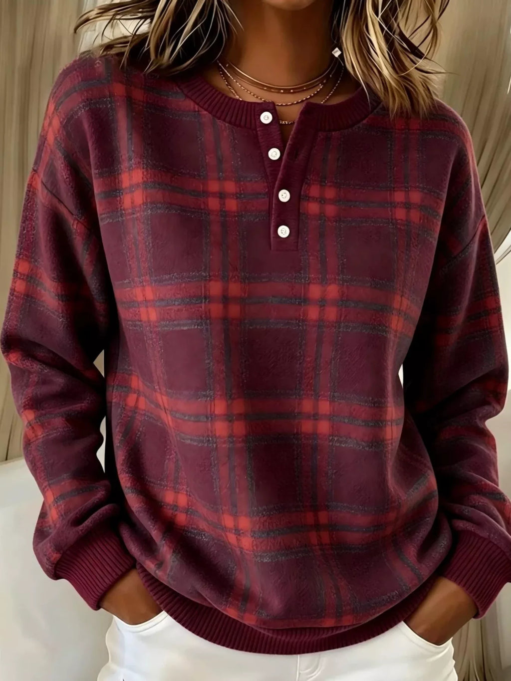 Full Size Plaid Button Detail Long Sleeve Sweatshirt Plus Size