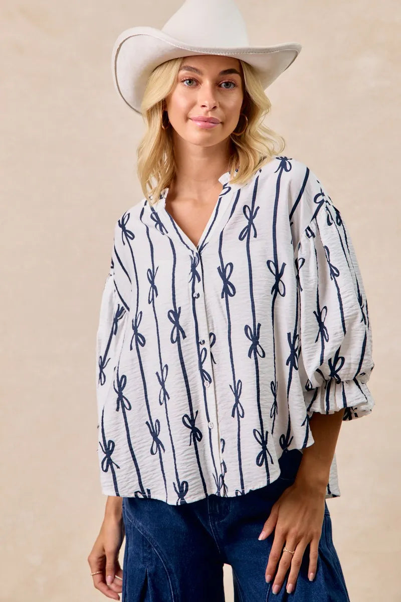 BiBi Bow Ribbon Printed Woven Bubble Sleeves Top