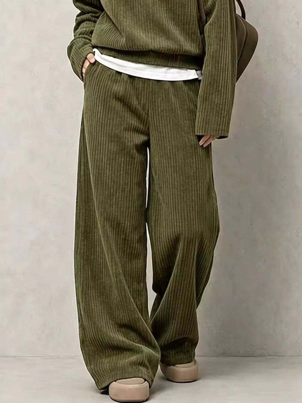 Corduroy Button Detail Top and Wide-Leg Pants Set