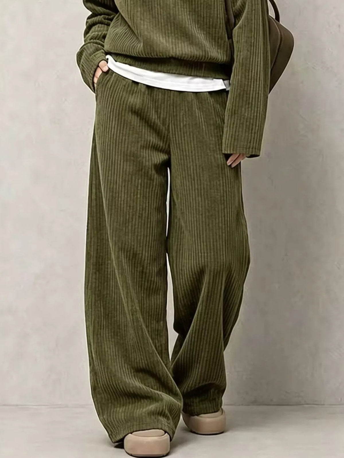 Corduroy Button Detail Top and Wide-Leg Pants Set