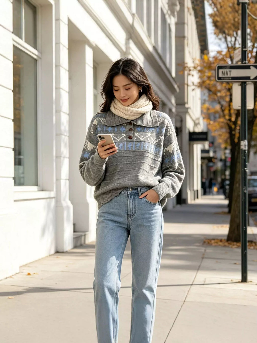Vintage-Inspired Fair Isle Patterned Polo Sweater