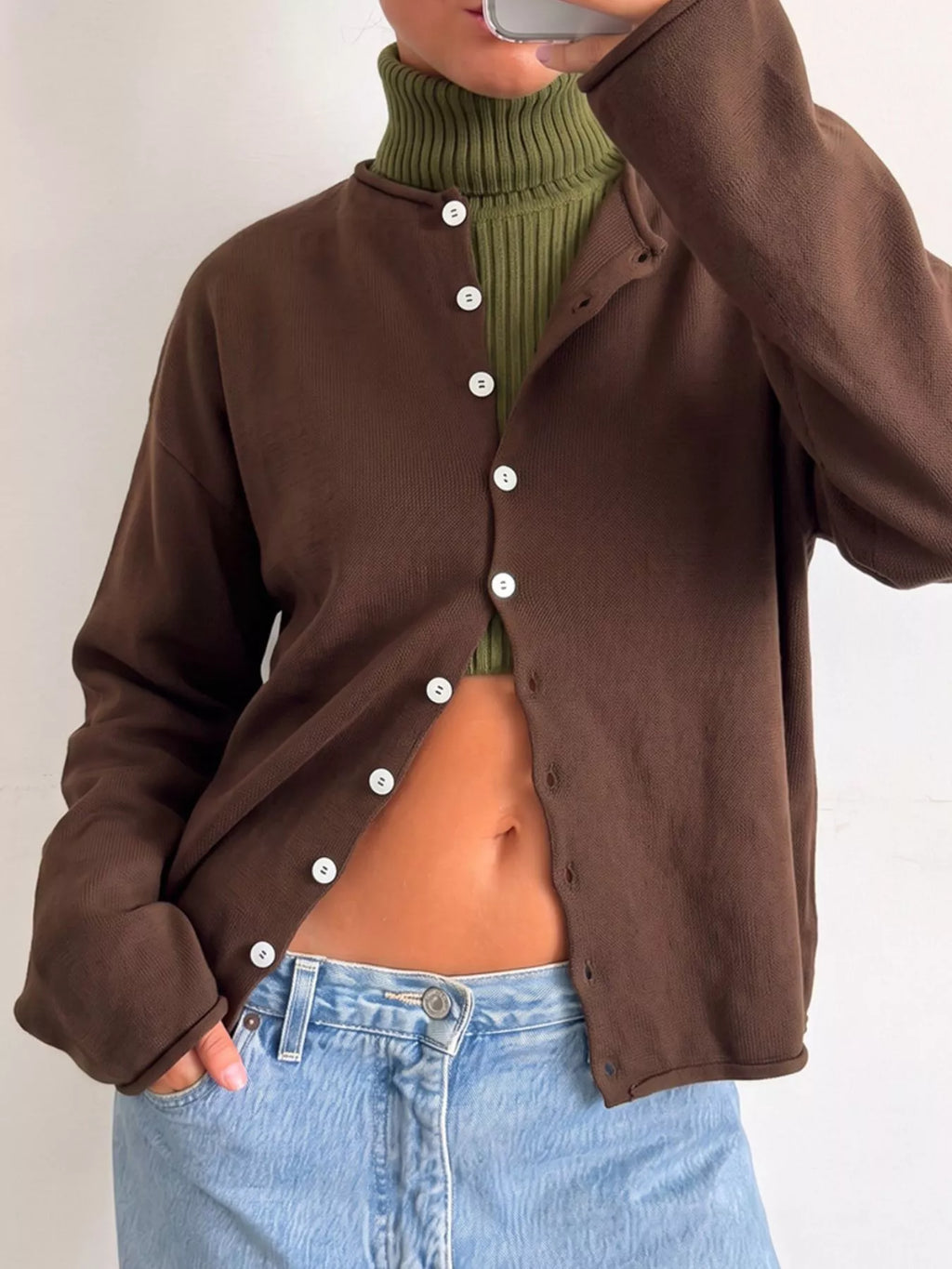 Mock Neck Button-Down Knit Cardigan